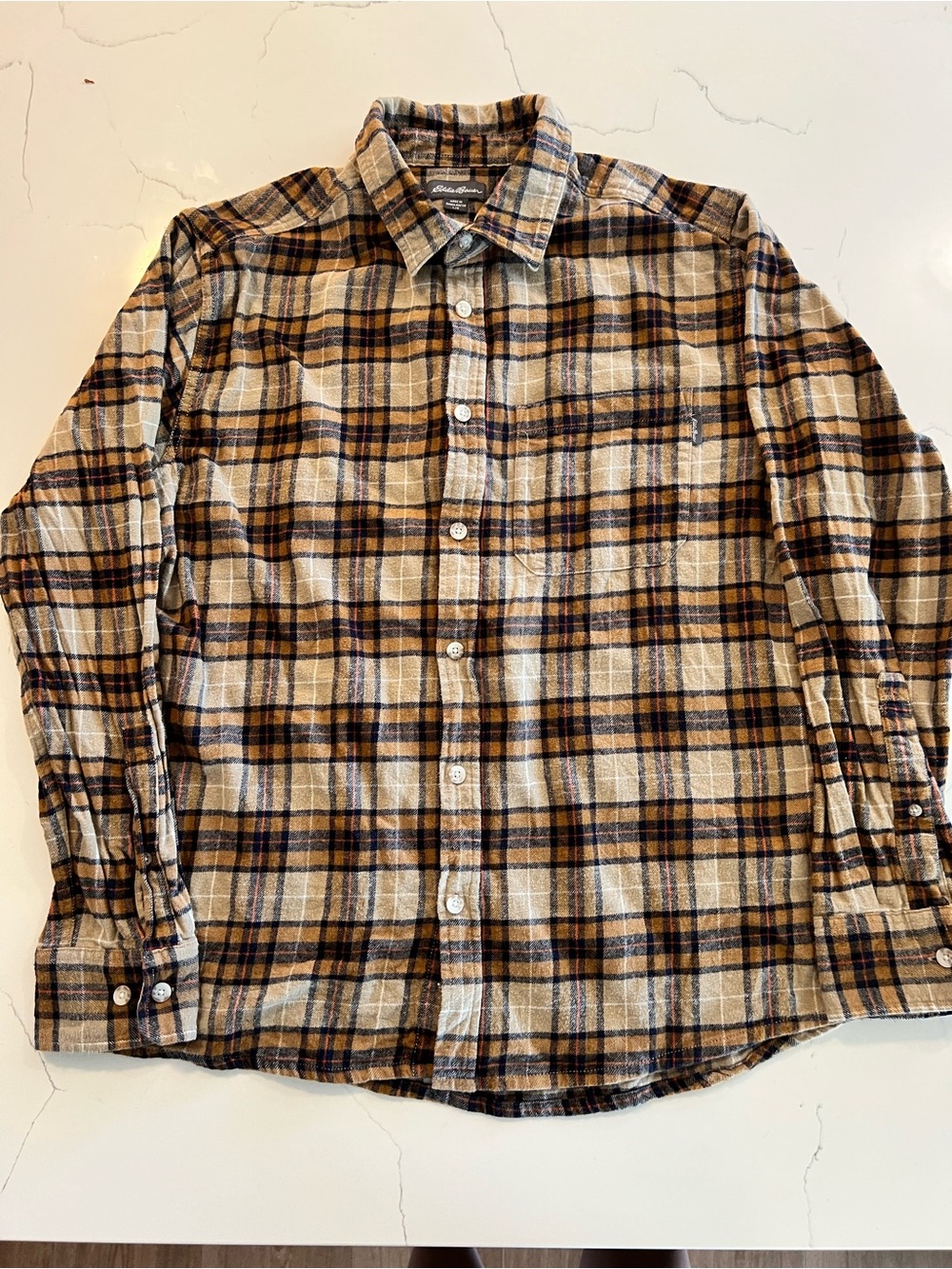 Eddie Bauer Men's Rust and Brown Plaid Button-Down Shirt